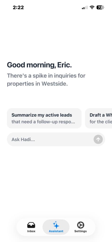 Hadi mobile app showing the assistant view with lead follow-up suggestions